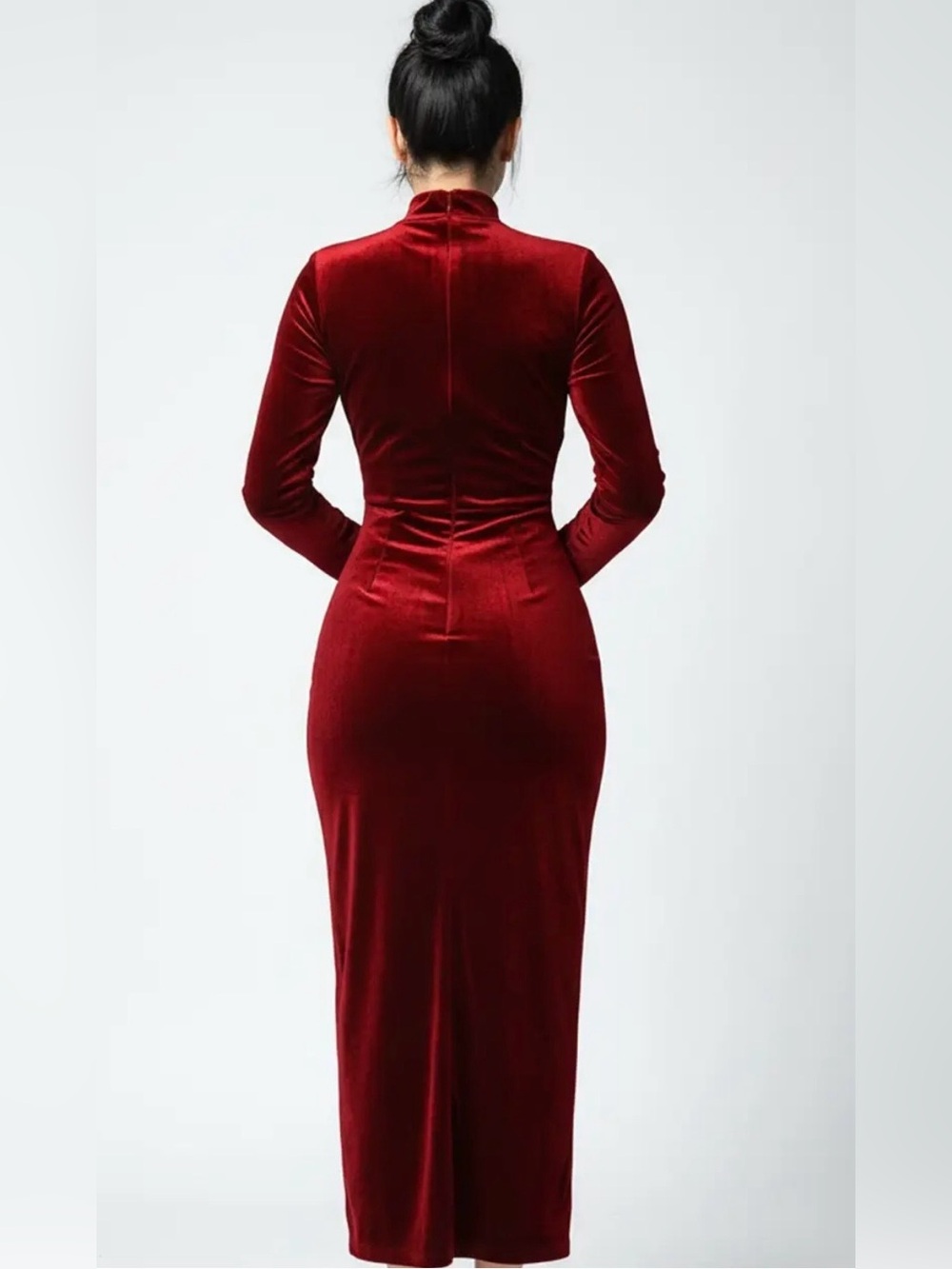 Wine Red Velour High Neck Side Slit Long Dress - Picture 3 of 7